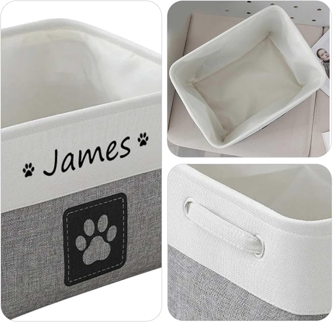 Custom Name Pet Dog Toys Basket/Bin, Paw Custom Personalized Logo Cat Clothes Box Accessories Organize Storage Bin, 4 Patterns Round Paw, Classic Paw, Heart or Name Only (Gray)