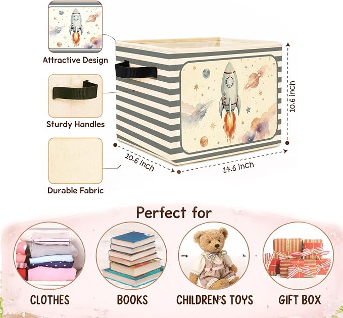 Rocket Storage Bin, Space Rocket Blue Gray Stripe Fabric Basket | Foldable space rocket fabric organizer for nursery, bedroom, playroom, toys, books, and clothes