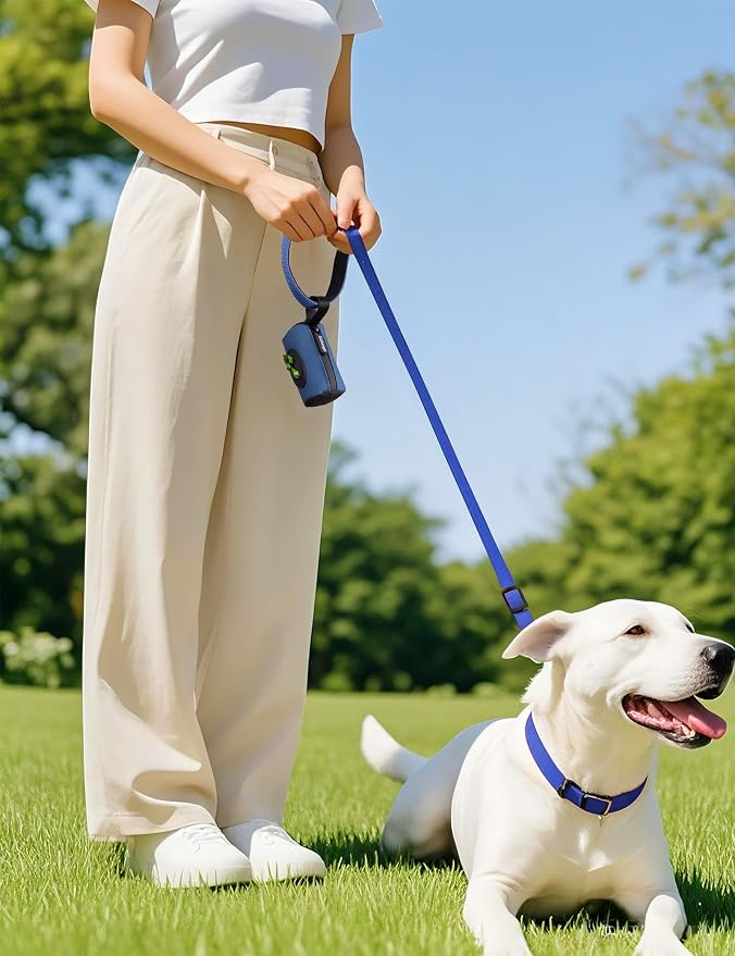 Gobeigo 2-in-1 Dog Poop Bag Holder【Easy Pull-Out Version】(Navy Blue) | Hard Plastic Insert & Soft Fabric Bag Snap-On Strap Dispenser Fits Retractable and Standard Leashes with 1 Roll Bags