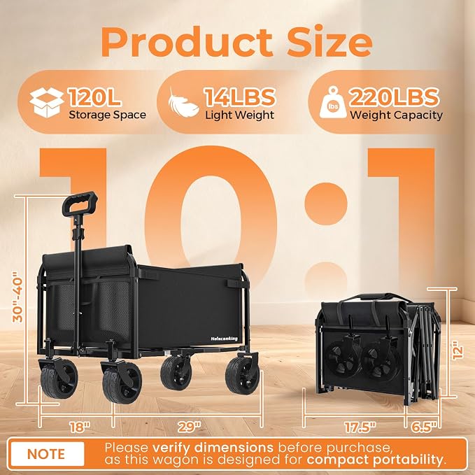 Portable Collapsible Wagon Cart, Foldable Cart with Removable Side, Utility Groceries Wagon for Dogs Pets Camping Beach Shopping Sports Gardeing Fishing, Dark Black