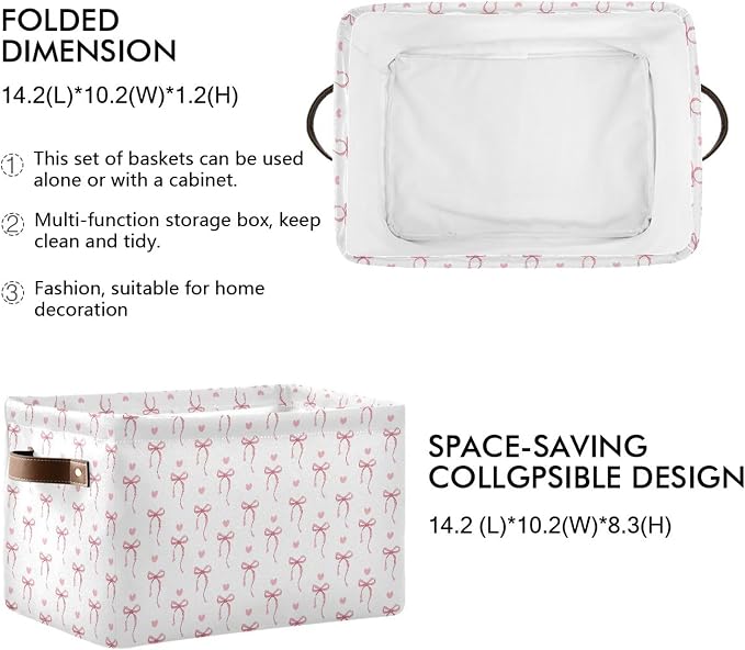 Wamika Pink Ribbon Bow Storage Basket with Waterproof Liner and PU Handles White Bow Tie Cute Storage Bins Boxes 14.2" Collapsible Decorative Organizer Baskets for Bedroom Closet Office 1 Pack