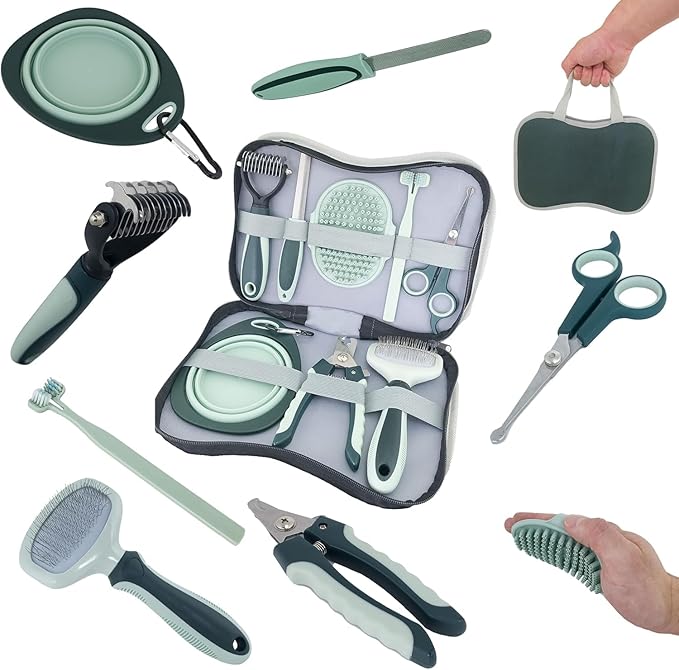 PetsBuzz 8 in 1 Pet Grooming Kit Brush, Cat Dog Grooming Kits at Home, Nail Clipper and File, Self Cleaning Deshedding Pet Brush,Undercoat Rake Detangler, Toothbrush, Collapsible dog Bowl