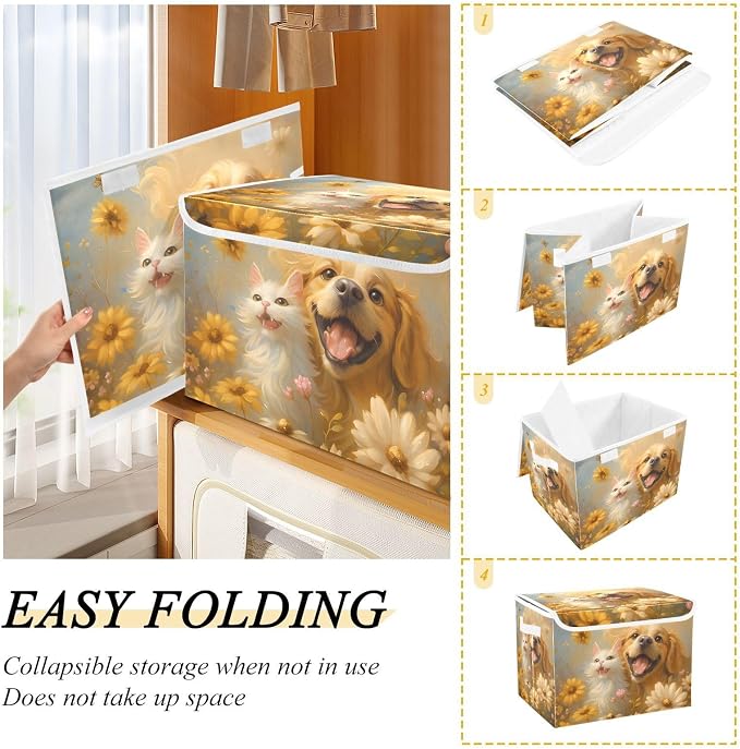 Storage Bins with Lid Golden Retriever Foldable Storage Boxes 40L Baskets | Decorative Storage Boxes, Dust-Proof Flip Top, Reinforced Handles, For Home & Bedroom, Clothes & Toy Box, Oxford Fabric Print