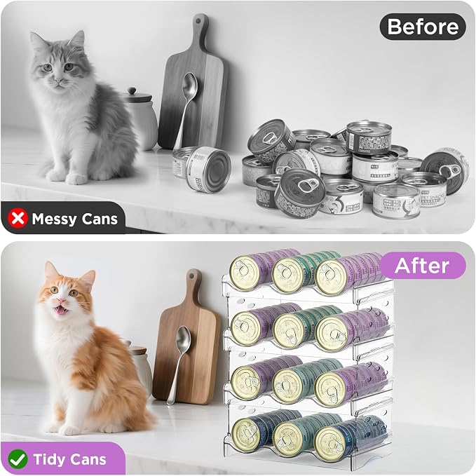 REFLYING Cat Food Can Organizer 4-Tier Holds 72 Cans Acrylic | Clear acrylic 4-tier cat food can organizer,Holds 72 cans 3oz-12.5oz,Stackable pantry storage for multi-cat households