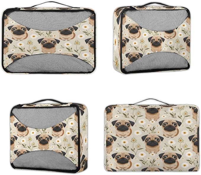 Pug Dog 4 Set Travel Packing Cubes for Accessories, Suitcase Organizers Luggage Bags Set with Double Zippers & Mesh Top