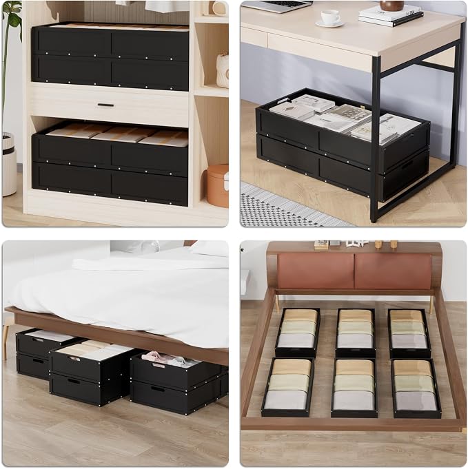 Wood Under Bed Storage Containers Underbed Organizer with Wheels with Large Capacity Dust Bag,Sturdy Wood Rolling Under Bed Shoe Storage Organizer 2 Packs (Walnut, Tall) (Black, Large)