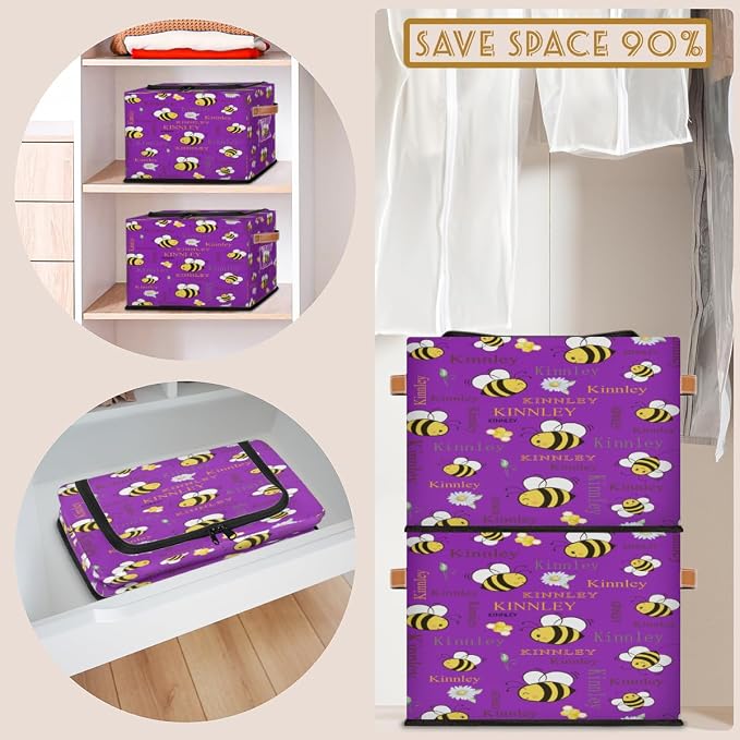 Custom Storage Baskets for Kids with Name, Dark Violet Purple Large Organizer Collapsible Storage Bin with Zipper Lid Leather Handle for Home Toys Closet Nursery, Bee with Daisy Floral