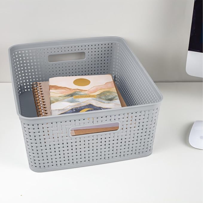 Sterilite 18 Pack Plastic Storage Bin Organization Containers, Short Baskets, Cement