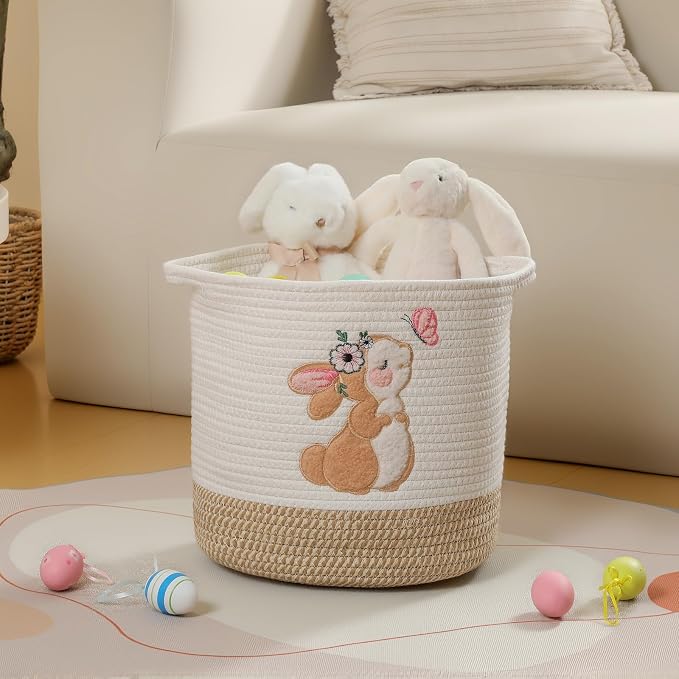 Toy Storage Baskets Woven Cotton Rope Storage Basket for Kids, Blanket Baskets for Living Room Stuffed Animal Storage Toys Organizer with Embroidery Decor, Cute Baskets for Nursery (Bunny)