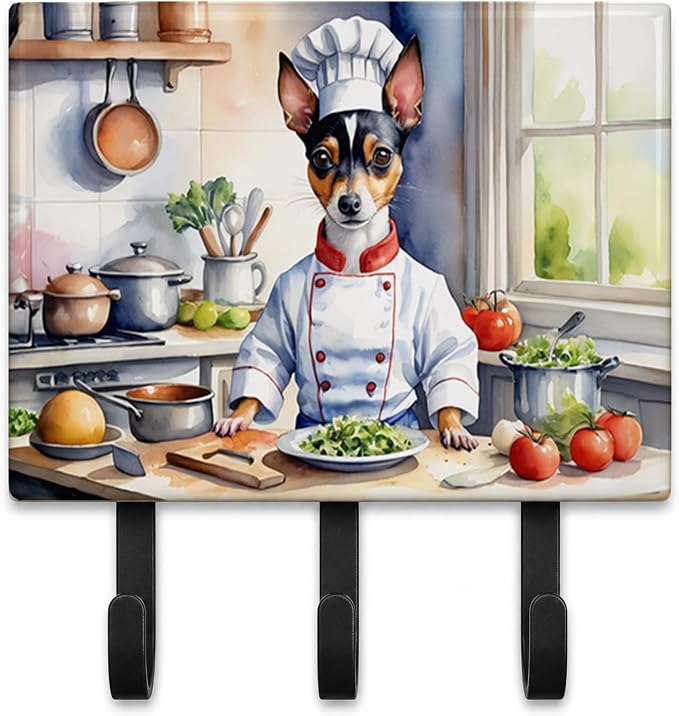 Caroline's Treasures Rat Terrier The Chef Leash or Key Holder Wall Hooks, Key Hooks Holder, Coat Rack Wall Mount, Coat Hooks, Hooks for Hanging Keys, Towels, Aprons, Leashes | Rat Terrier The Chef artwork on ceramic tile with three steel hooks for keys...
