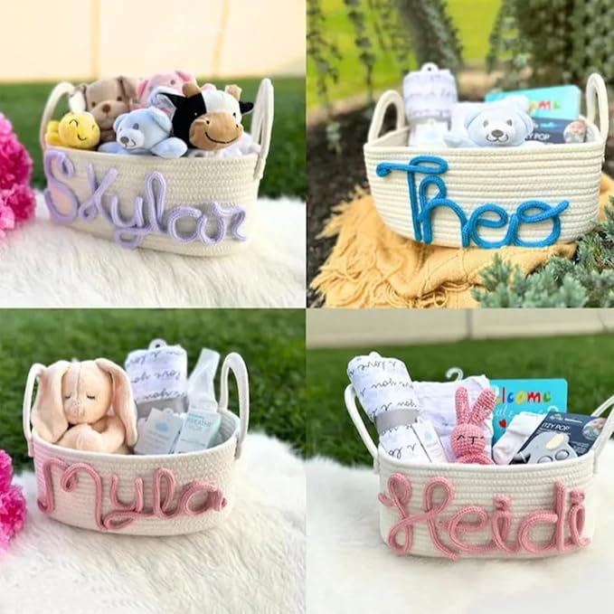 Personalized Cute Small Woven Basket with Handles, Custom Cotton Rope Room Shelf Storage Basket, Empty Decorative Gift Basket, Decorative Round Bin for Nursery Bedroom Bathroom (Style D)