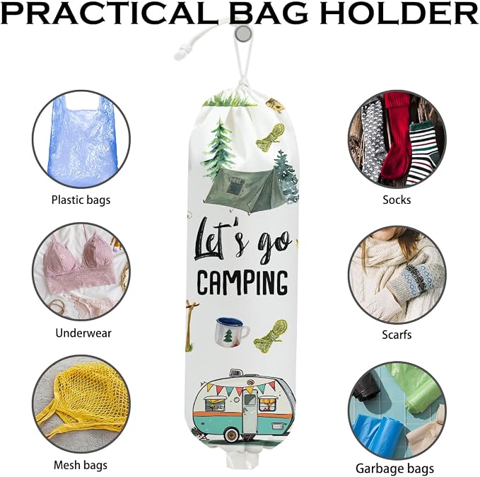 Camping Plastic Bag Holder, Wall Mount Trash Bag Holder, Tent Rv Bonfire Reusable Grocery Bags Organizer Storage Dispenser for Camp Kitchen Pantry, Camping Gifts for Women Men Camper