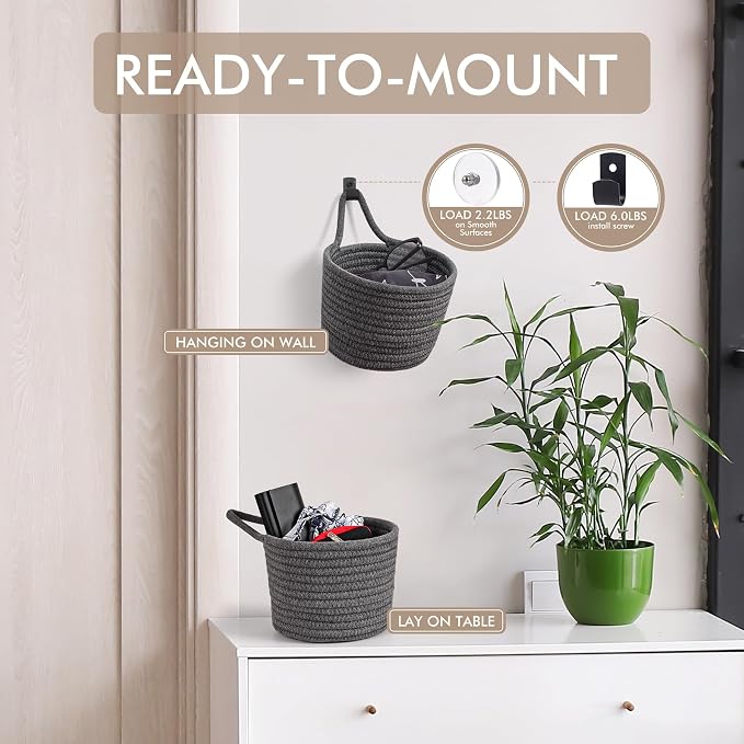 Fabric Wall Hanging Baskets - 3Pack Woven Pouchs Boho Style Wall Mounted Bag with Adhesive Hooks, Storage Organizers and Decoration Pocket Caddy Bins on Door Rack (Dark Gray & Black, Large) | Wall Small Bags with Adhesive Hooks, Cotton Rope, Boho Decor...