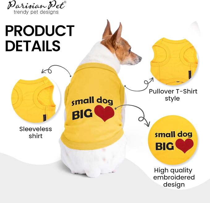 Parisian Pet Dog Shirt – 100% Cotton Small Dog Big Heart Shirts for Small Dogs – Yellow Sleeveless Puppy Clothes – Breathable Dog Clothes – Summer Pet Apparel - Stretchable Tshirts for Dogs
