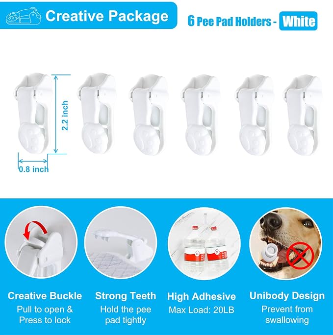 Dog Pee Pad Holders for Male Puppies, Potty Traning Pad Clips, White-6 Pack | Wall Clips for Male Dog or Leg-Lifting Puppy Indoor Toilet/Litter Box, for Small & Large Size Disposable/Reueable Wee Wee Pad