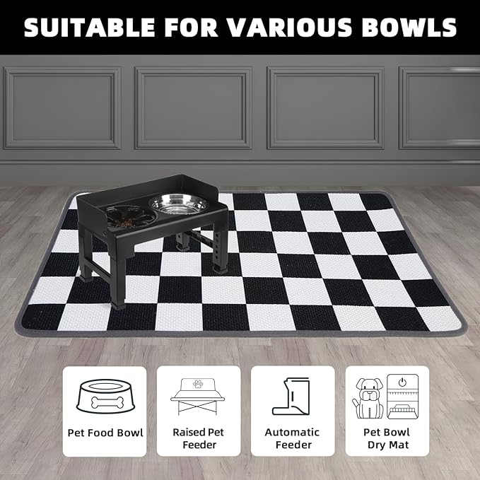 PUPTECK Dog Food Mat, Absorbent Pet Cat Feeding Mat for Food and Water Bowls, Anti-Slip Dog Placemat for Floors Waterproof, Pet Supplies Accessories, Black & White Checkered S