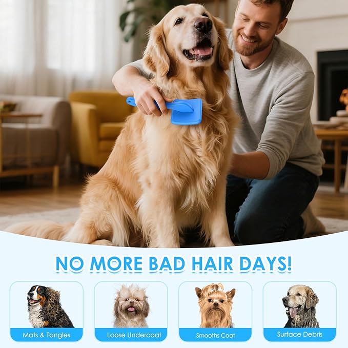 Large Dog Slicker Brush for Goldendoodles, Poodles - 3 in 1 Grooming Kit with Undercoat Rake, Comb - Extra Long Pins for Dematting Great Pyrenees, Thick Coats, Shedding, Detangling, Blue