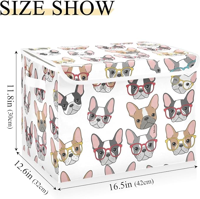 Dog Glasses Pattern Storage Bins with Lids Closet Bedroom 40L Fabric Bin | Decorative Storage Boxes, Foldable & Stackable, Dust-Proof Flip Top, Reinforced Handles, For Home & Dorm, Clothes & Toy Box