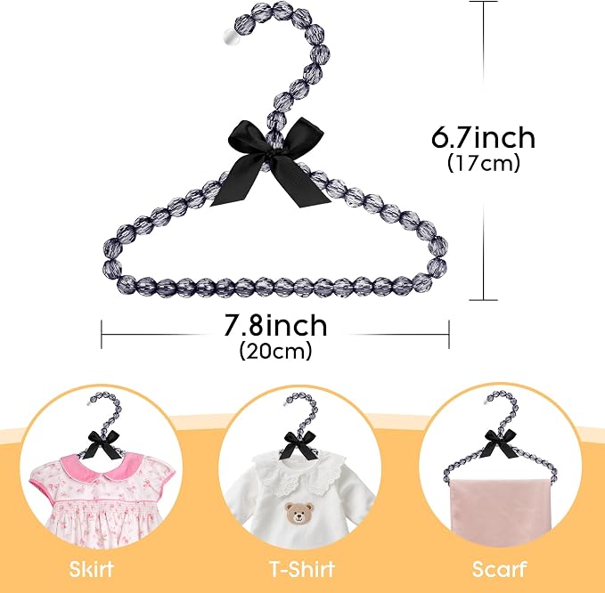 Mini Beaded Closet Hangers for Kid Clothes - Pack of 5, 7.8" Cute Organizers for Small Garments, Pet Outfits, Boutique Displays, Satin Bow Detail - Charm Black