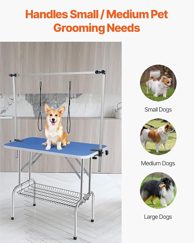 VEVOR Pet Grooming Table, 36 x 24 Inch with 2 Height Adjustable Arms, 330LBS Static Weight Capacity, Foldable Dog Groom Station with No-Sit Haunch Holder with Grooming Loop, for Medium and Small Dogs