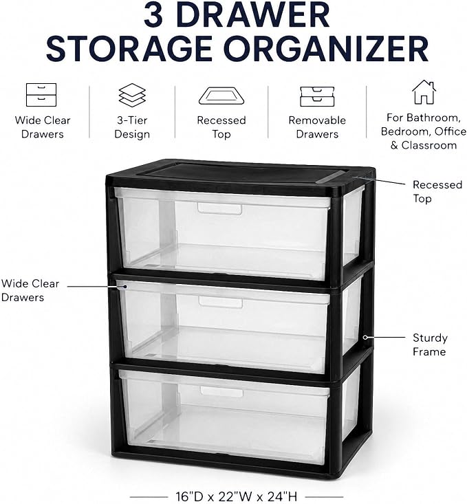 3 Drawer Plastic Storage Tower Wide Organizer for Closet Bedroom (Black) | Stackable wide drawers for clothes, toys and crafts. Durable see-through plastic provides quick visibility.