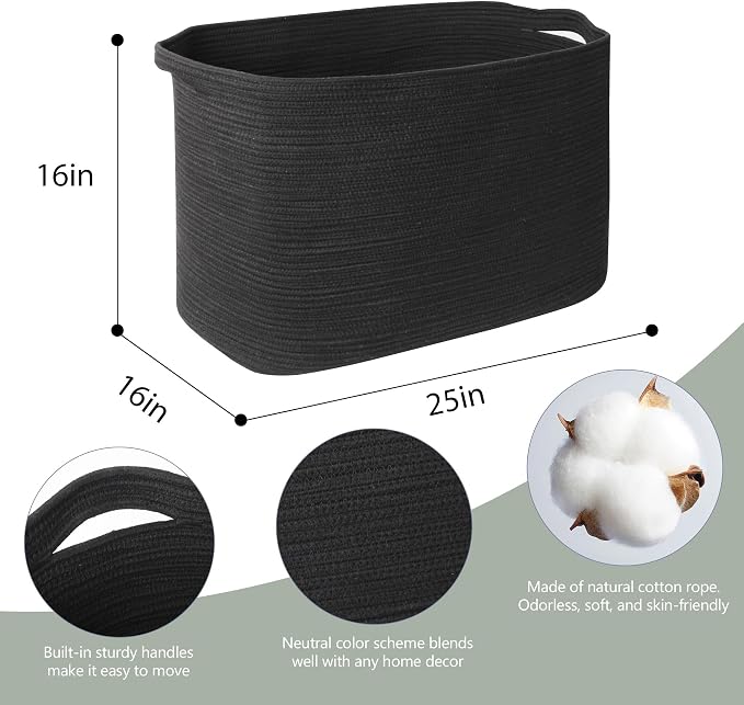 108L Extra Large Storage Basket, 25" x 16" x 16" Black Blanket Basket Living Room, Oversized Cotton Rope Blanket Storage, Woven Kids Dog Toy Bin Box Organizer, Laundry Shoes Towel Bin, Black