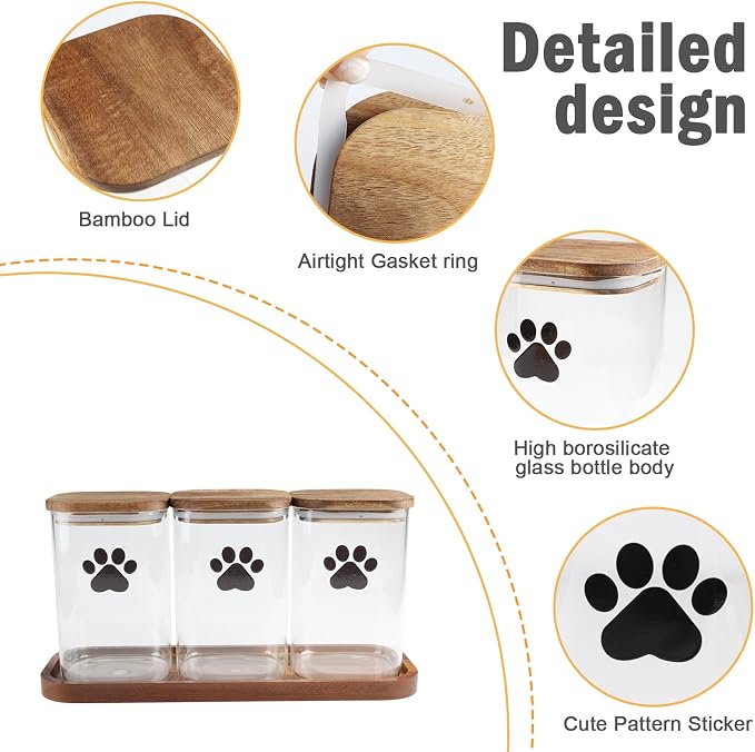 37oz Glass Dog Treat Jars Set of 3,Clear Dog Treat Container with Wooden Lids,Airtight Cat Treat Jar,Small Pet Treat Canister,Puppy Food Bin-Keep Fresh Crispy-Brown