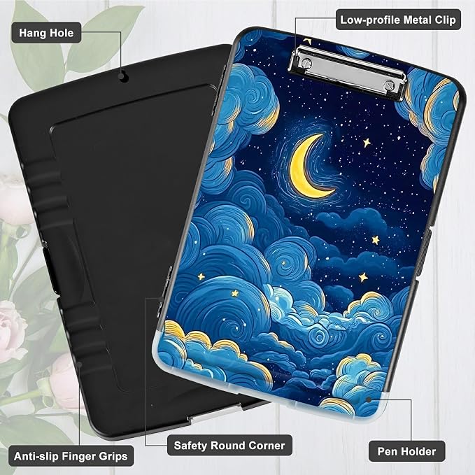 Moon Blue Clouds A4 Clipboard with Storage Pen Holder, Clipboards Organizer Nursing Clipboard Foldable File Folder Plastic Clipboard Folio Clip Board for Office Students Classroom Doctor