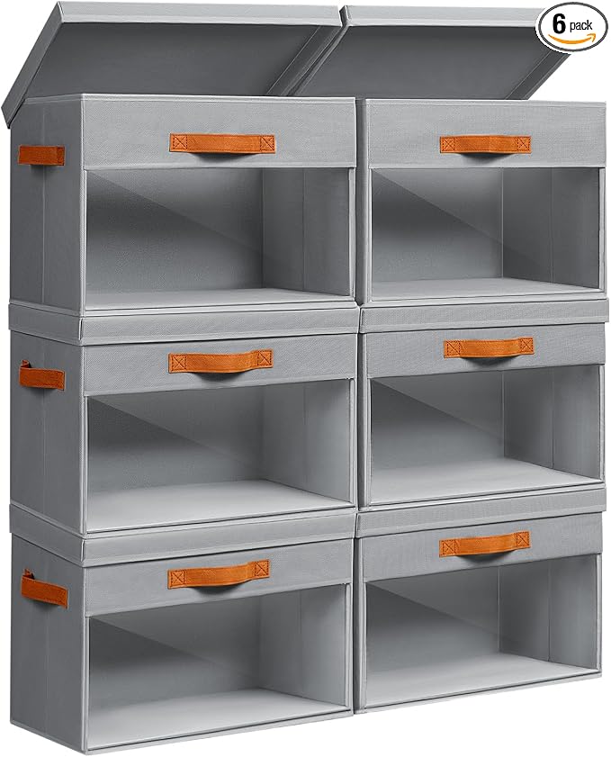Large Storage Bins with Lids - 6 Pack Foldable Decorative Organizers with Clear Windows & Handles, Cube Storage Organizers for Clothes, Blankets, Sweaters, CD, Grey
