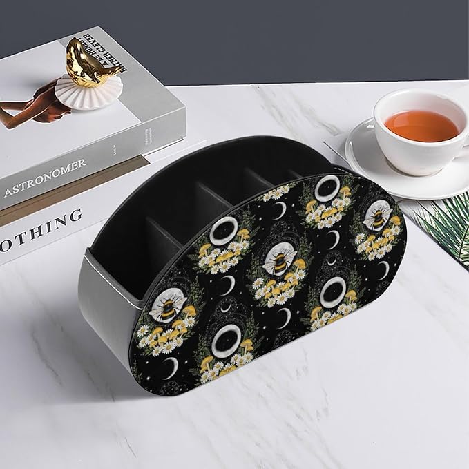 Remote Control Holder for Table Witchy Moon Floral Bee Desktop Storage Box | Makeup Brush Caddy with 5 Compartments, Witchy Gothic Moon Mushroom Floral Bee Bedside Table Organizer Office Supplies