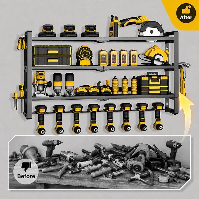 Extra Tall Large Power Tool Organizer Wall Mount ,4 Layers Drill Holders | 8 Cordless Heavy Duty Metal Battery Tool Shelf Loads 400lbs,Tool Storage,Utility Rack For Workshop,Garage,Gifts for Men