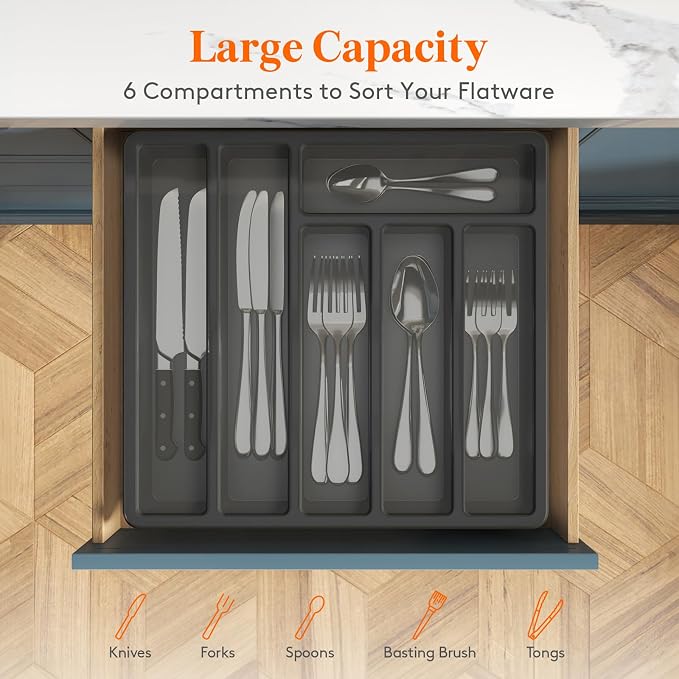 Lifewit Silverware Organizer with Lid, Covered Utensil Tray, 12.6x11.8 | Plastic Cutlery Storage Box for Kitchen Drawer and Countertop, Flatware Case Holder for Spoons Forks Knives, Black