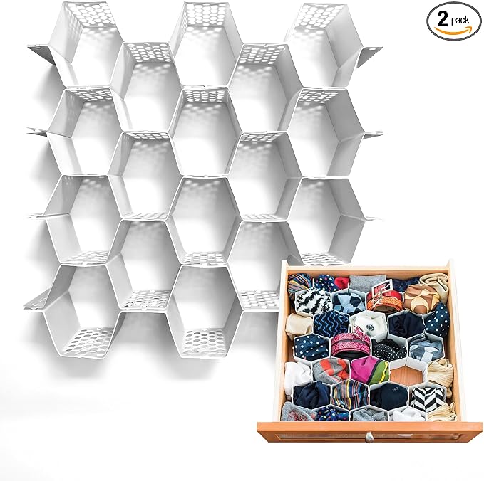 Evelots 2-Pack Honeycomb Drawer Organizers, 56 Cells, Expandable, White | Expandable modular dividers create 56 cells to organize socks, underwear, bras & baby clothes in dresser or nursery drawers.