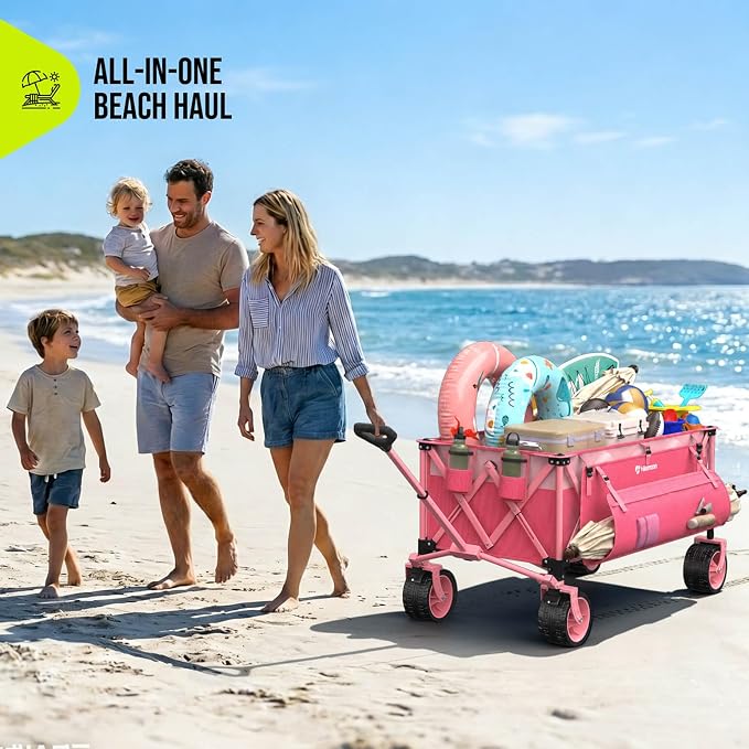 48'' Extra Large Collapsible Wagon with Big Wheels, 300L Pink | 560LBS Heavy Duty, Wagons Carts Foldable, All-Terrain, Brakes, Folding Cart, Utility for Beach/Camping/Garden/Sports/Grocery