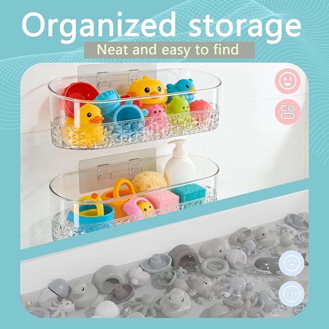 Bath Toy Storage Holder, Bathtub Organizer with Drain Holes, Clear 2 Pack | Large Capacity Clear safe Clear Adhesive Shower Caddy Resistance, No Rust, No Drill Plastic Wall Mounted shower caddy