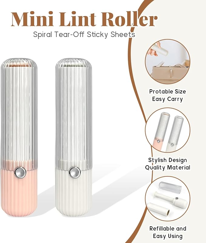 2 PCS Mini Lint Roller with 6 Roller Refills - Reusable Portable Lint Remover for Clothes, Furniture, Pet Hair - Travel Essentials Household Use(Pink & White)