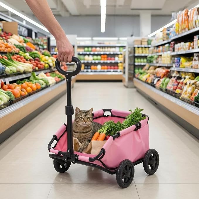 Folding Pet Transport Cart Wagon Pet Carrier Wagon Transport Cart Four-Wheel with Wheels for Outdoors