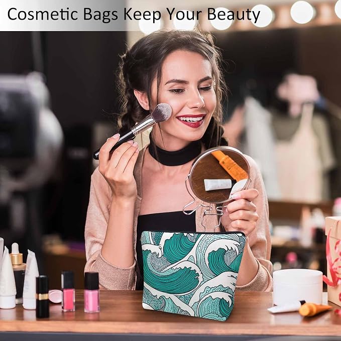 Women Makeup Organizer Bag Ocean Waves, Japanese Great Wave Ocean Sea Waves Flax Cosmetic Bag Makeup Bags Toiletry Bag Accessories Organizer Travel Bags For Home Bathroom Office Hotel Gym