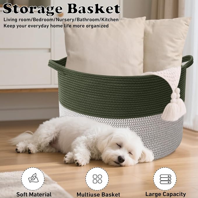 115L Extra Large Blanket Basket,Woven Laundry Basket-Green&White | Collapsible, reinforced handles, nursery storage bin organizes clothes, toys and pillows for living room, bedroom bathroom