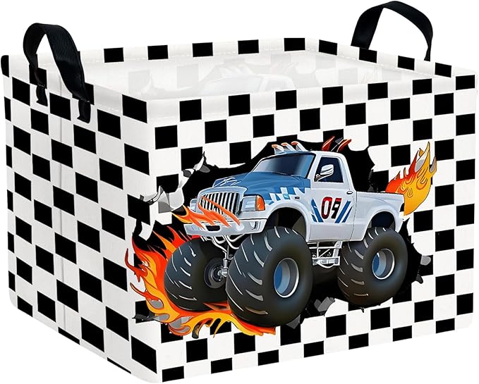 Racing Car Storage Basket Monster Truck Toy Book Shelf Basket Kid Room Decor Gift (Black and White Checkered)
