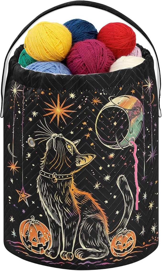 Fustylead Halloween Black Cat and Stars Moon Pumpkin Crochet Drawstring Organizer, Large Yarn Bag Storage Tote Basket for Crocheting On The Go, Kit Holder, Gift for Knitter, Crochet Beginner