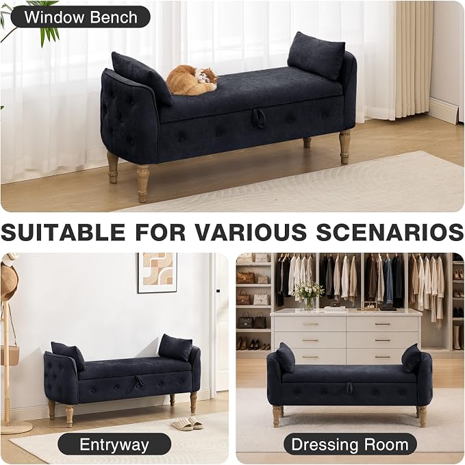 End of Bed Storage Bench Queen Size,51'' Upholstered Bedroom Bench,Black | Linen Storage Bench for Bedroom End of Bed ,2 Cushion, Vintage Wood Legs ,Tufted,Storage Ottoman Bench for Entryway Window