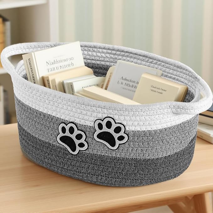 Small Woven Cotton Rope Nursery Organizer Bins, Dog Toy Basket Bins with Handle, Cute Empty Pet Gift Storage Baskets with Paw