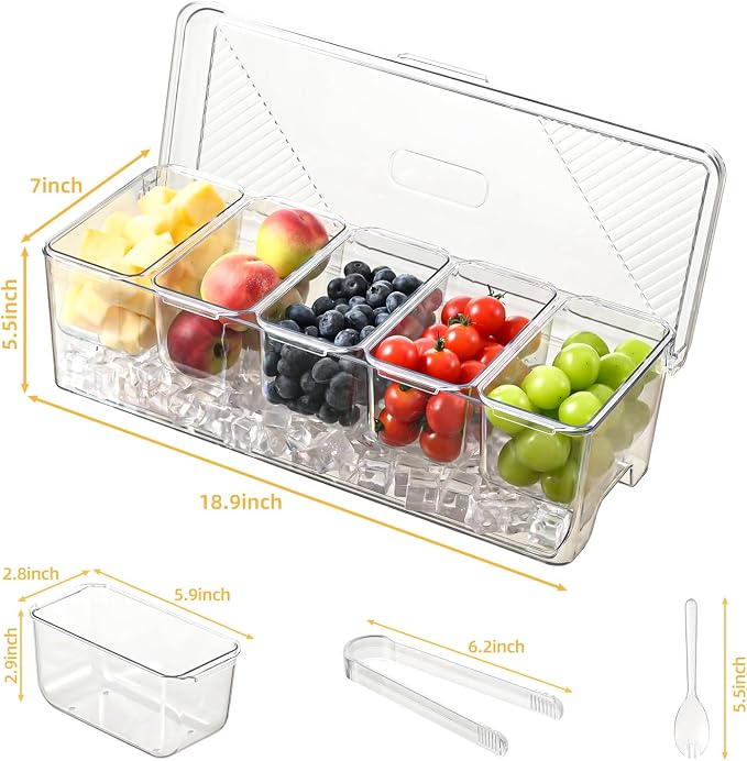 Large Chilled Condiment Caddy,Stackable Chilled Condiment Containers Server with Lids for 5 Removable Compartments (5 Containers, 2 pack)