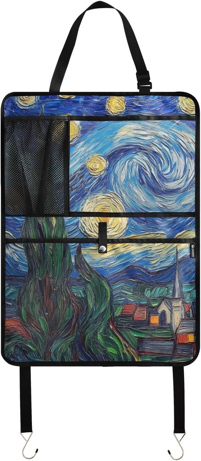 JIPONI Car Backseat Organizer, Van‘Gogh Starry Art Automotive Back Seat Protector, Kick Mats with Storage Pockets for Kids Pets, Road Trip Accessories (2 Pack)