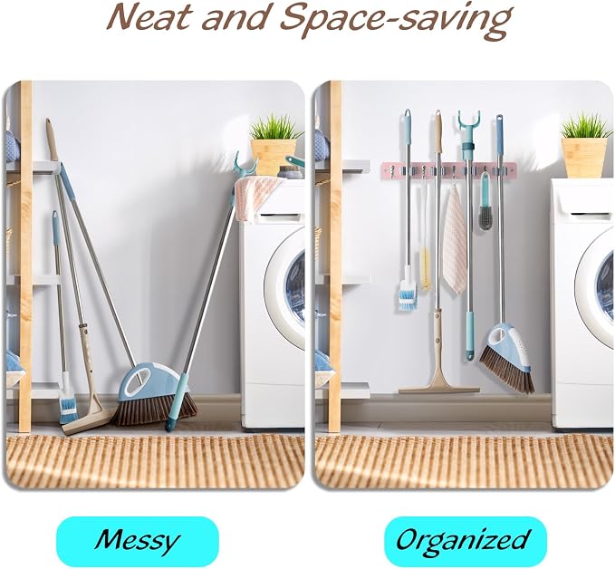 OUTNILI Pink Mop Broom Holder Wall Mount with 4 Slots & 4 Hooks - Wood Broom Mop Hanger for Pantry Closet Laundry Room Kitchen Organization - for Pink Kitchen Decor and Accessories