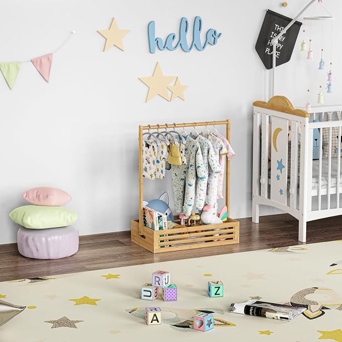 BAMBOOHOMIE Baby Clothing Rack for Toddler, Pets Clothes Rack with Storage Box & Adjustable Hanging Rod for Dogs/Cats, Baby Shower Clothes Closet Rack with Handle for Nursery Room (Natural, Baby)