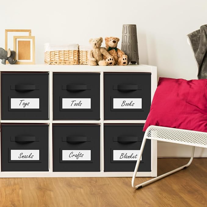 Teenyyou 10 Pack Fabric Storage Cubes 11 Inch Collapsible Cube Bins with Label Window & Handle Foldable Organizers Baskets for Shelf Closet Nursery Kids Room Clothes Book Toy(Black)