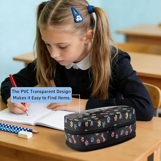 Pet Paw Black print Large Capacity Pencil Case with Zipper Water Resistant Portable Organizer Pen Bag for School Office Students