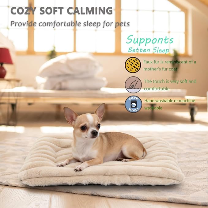 Puppy Bed for Crate or Cage 18 x 12 Inch fits Tiny Dogs, Fluffy Comfy Flat Cat Beds for Indoor Cats Washable, Extra Small Dog Bed Cat Carrier Pad Ultra Soft Kennel Mat for Pet Sleeping Cushion, Beige
